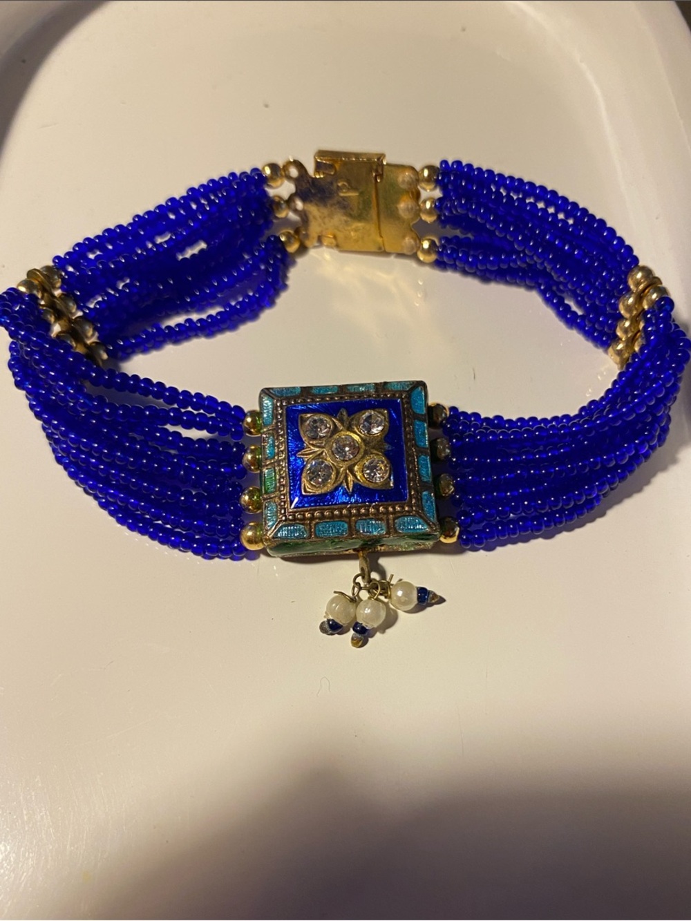 Bollywood Blue Beaded Multi-Strand Bracelet gold with enamel centerpiece